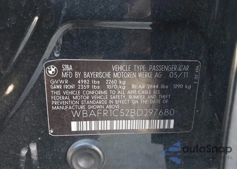 2011 BMW 528I from USA, damaged, VIN WBAFR1C52BDJ97680